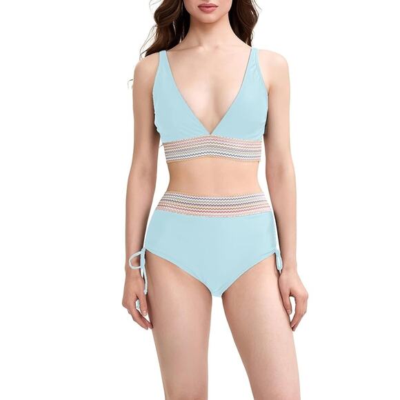 Lowock NEW Women's High Waisted 2 Piece Bikini Set Light Blue Size Large - Picture 1 of 10